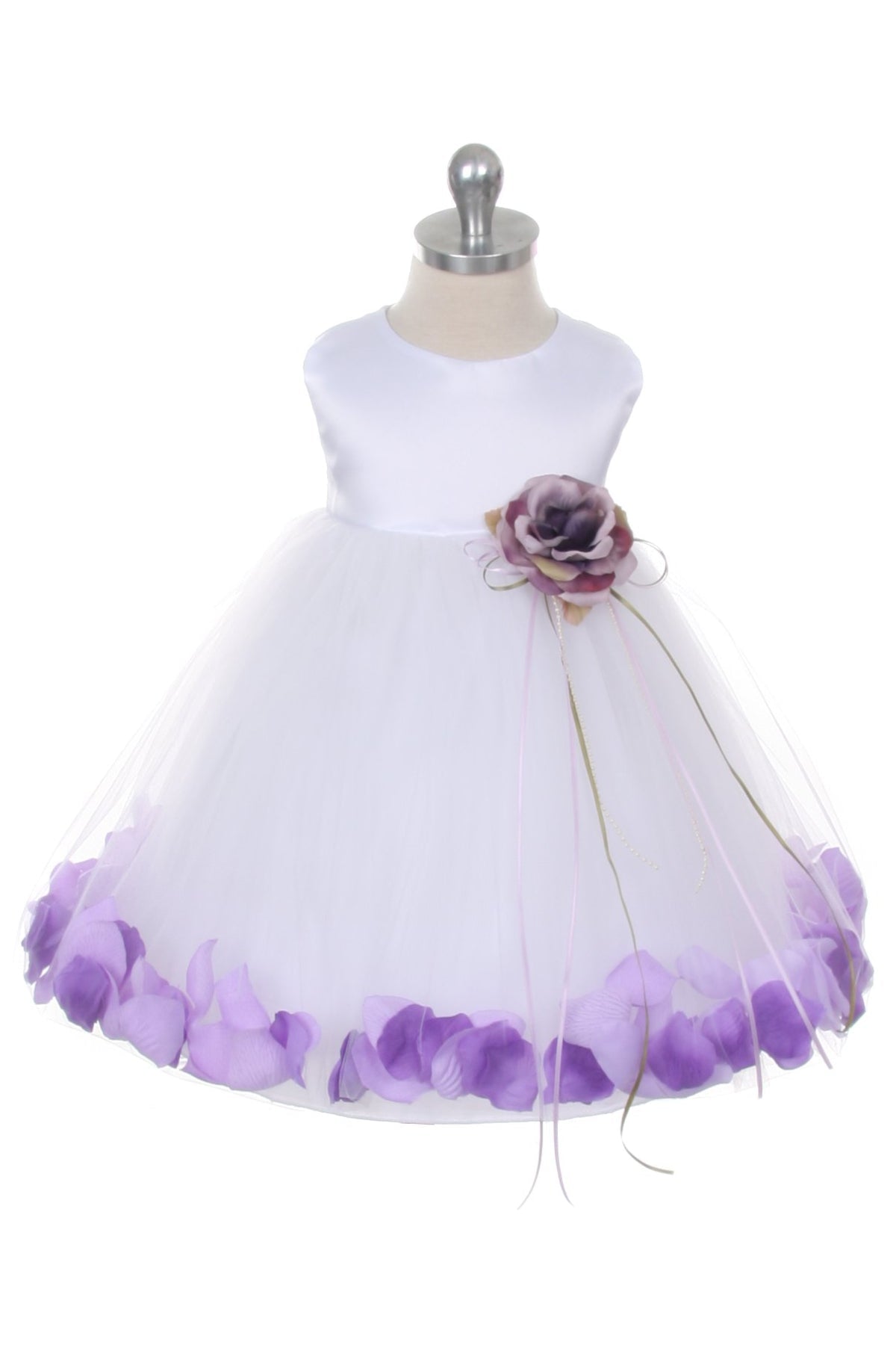 White satin flower petal baby dress with organza sash by Kid's Dream, featuring delicate floral accents and a soft, elegant design.