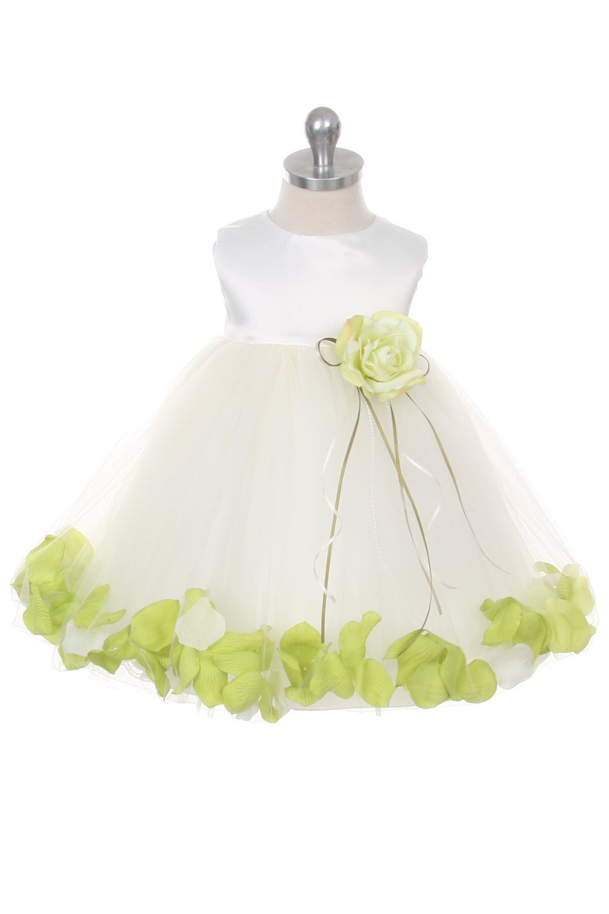 White satin flower petal baby dress with organza sash by Kid's Dream, featuring delicate floral details and soft fabric.