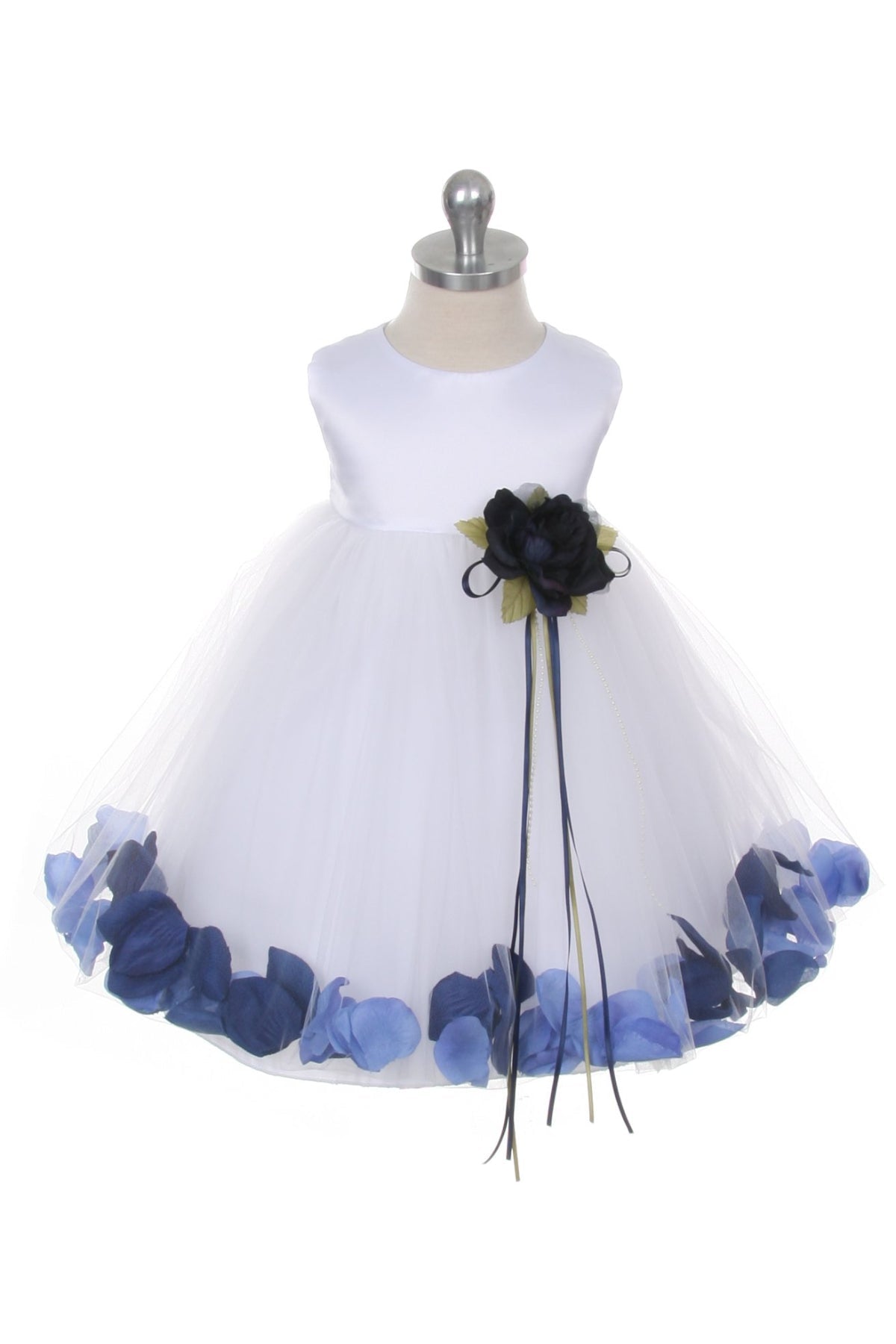 White satin flower petal baby dress with organza sash by Kid's Dream, featuring delicate floral details and elegant design.