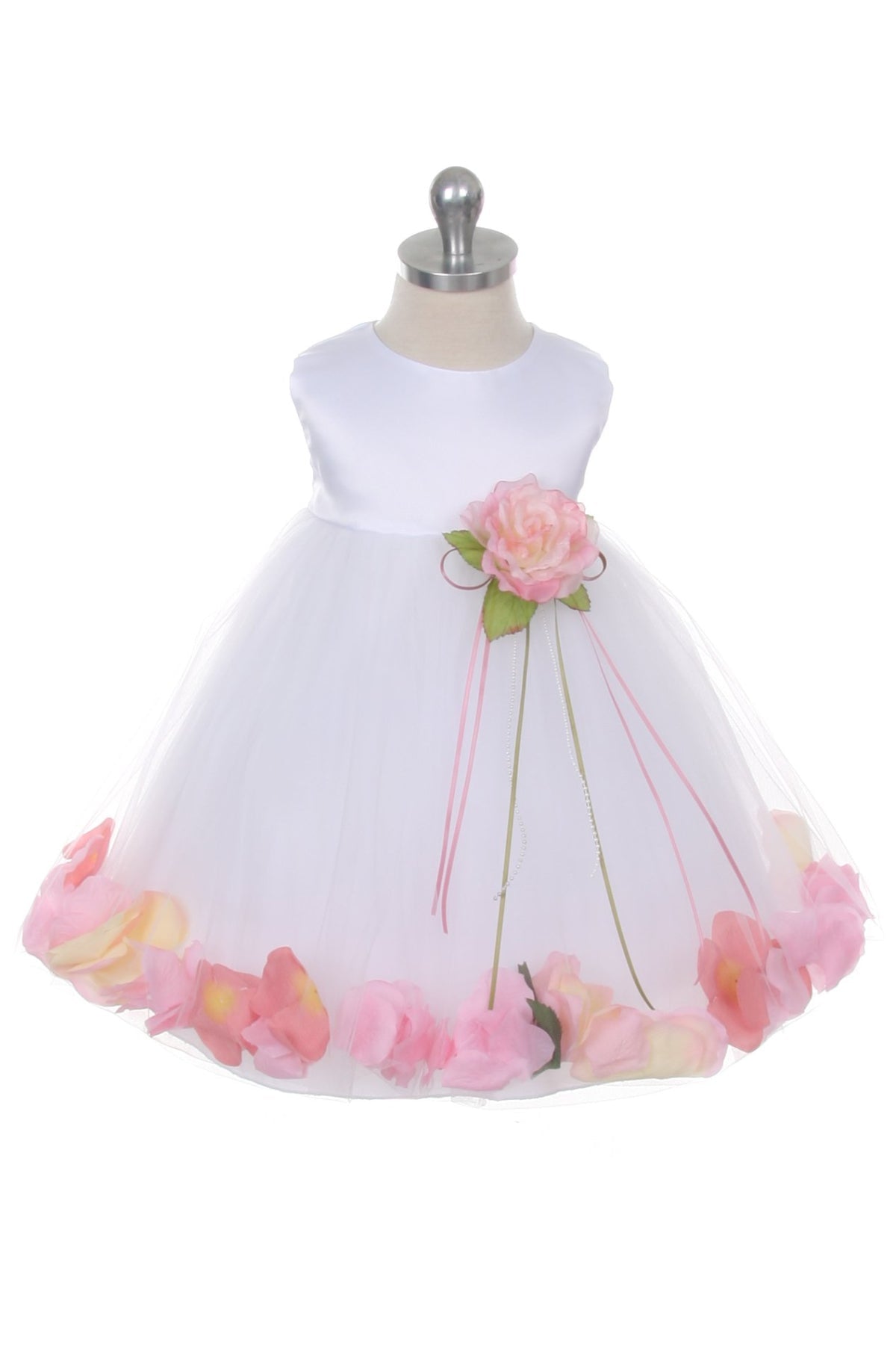 White satin flower petal baby dress with organza sash by Kid's Dream, featuring delicate floral details and a soft, elegant design.