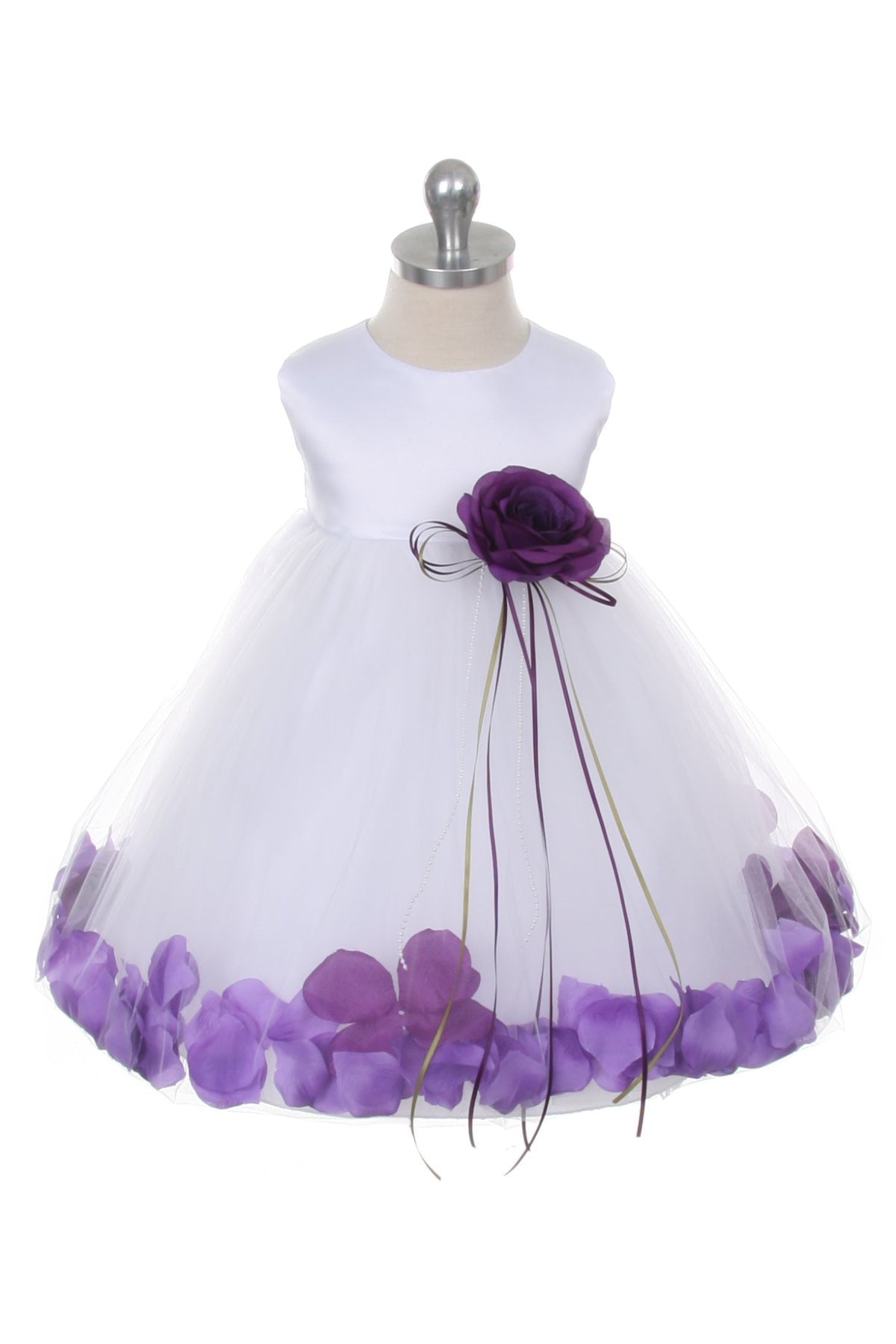 White satin flower petal baby dress with organza sash by Kid's Dream, featuring delicate floral details and elegant design.