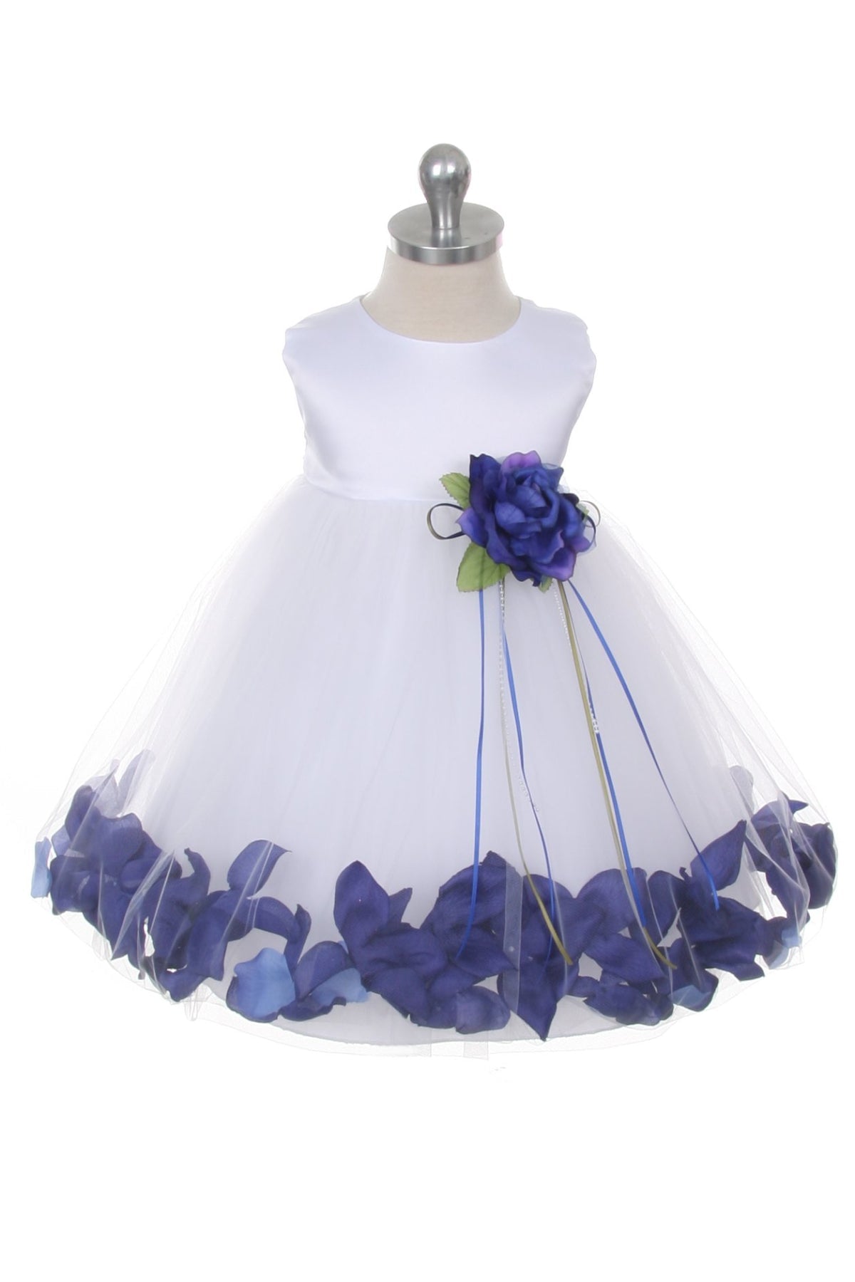 White satin flower petal baby dress with organza sash by Kid's Dream, featuring delicate floral details and soft fabric.