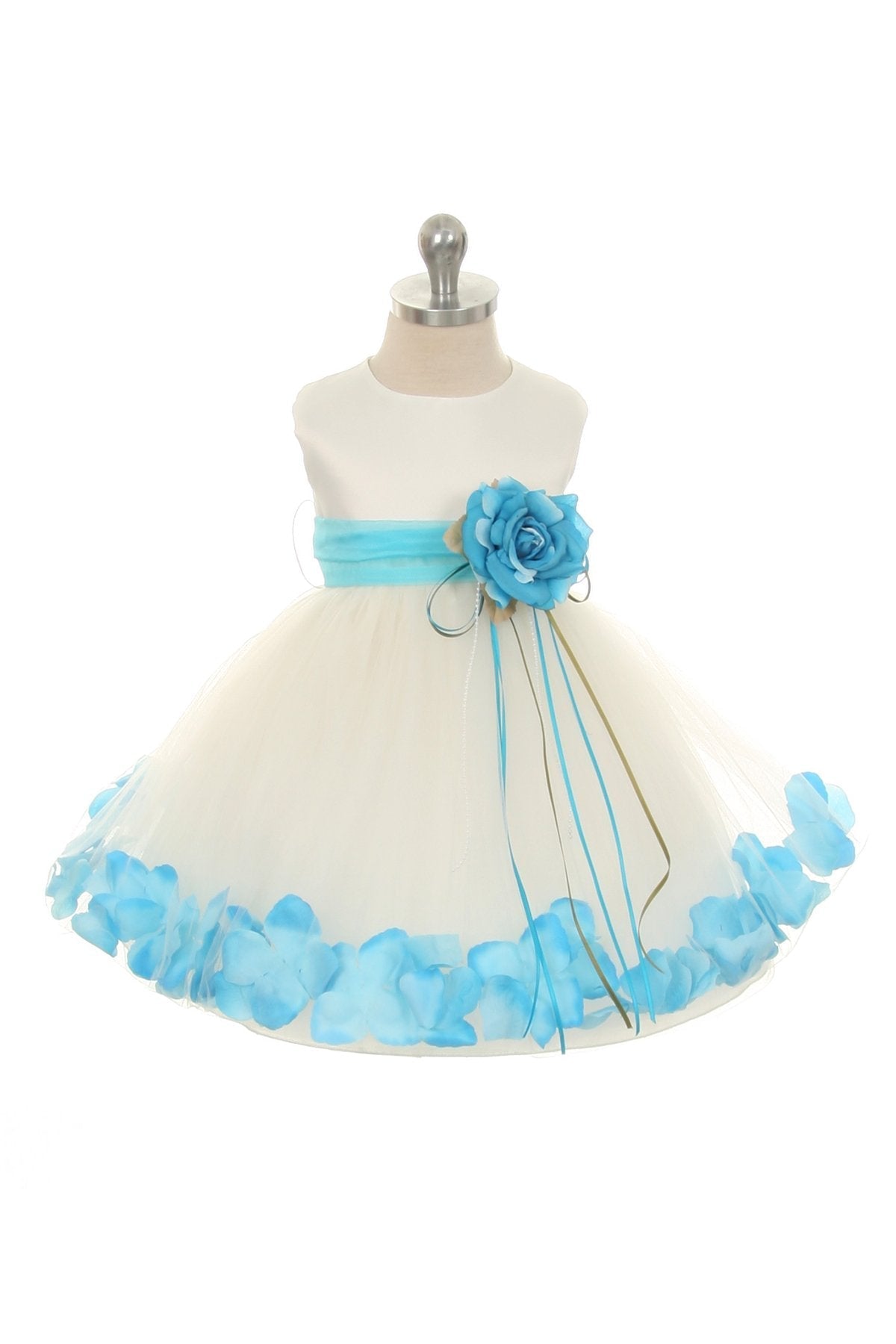 White satin baby dress with flower petal design and organza sash by Kid's Dream, perfect for special occasions.