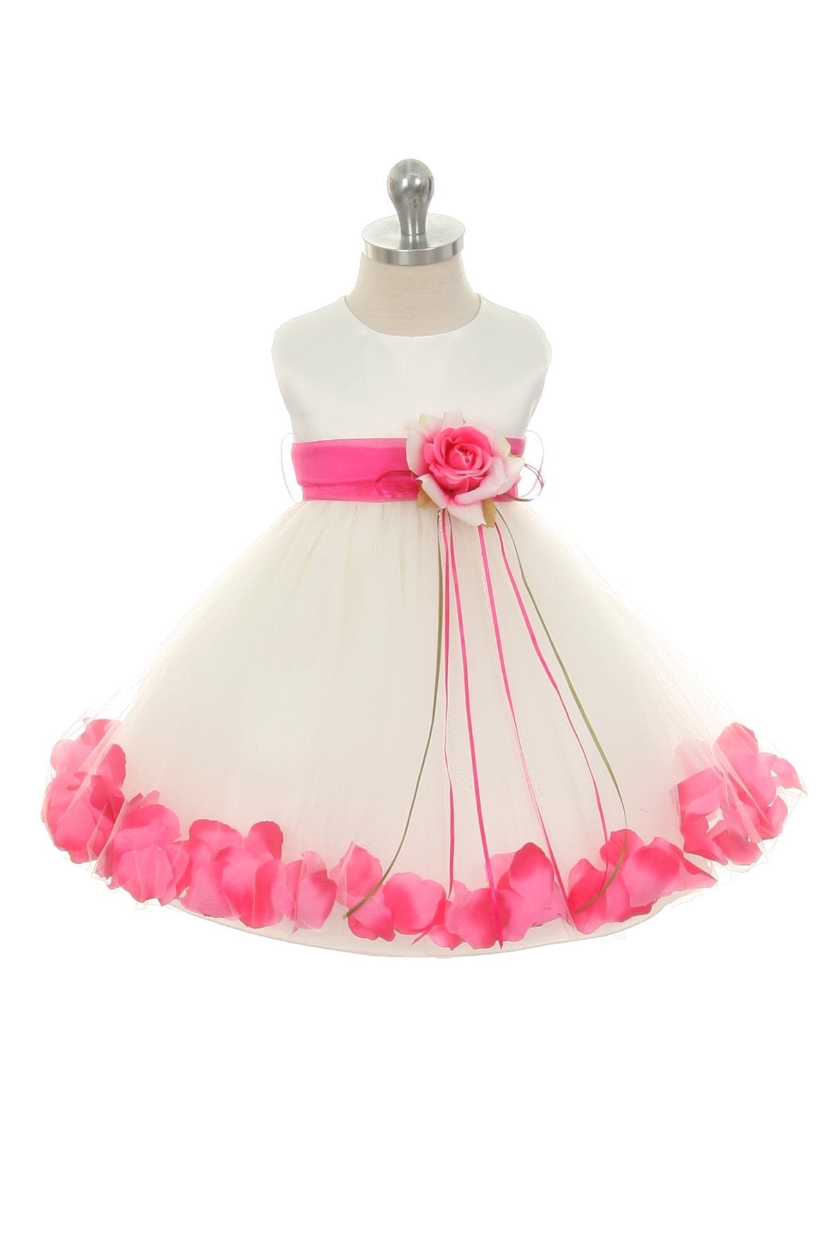 White satin flower petal baby dress with organza sash by Kid's Dream, featuring delicate floral details and a soft, elegant design.