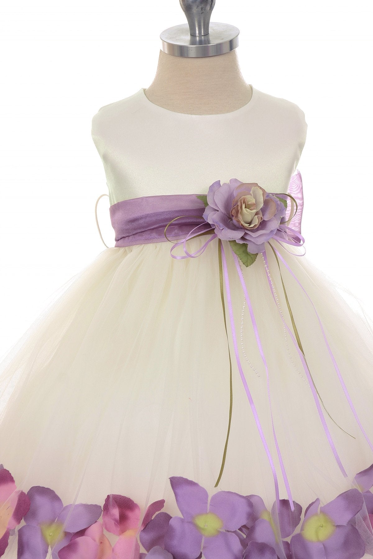 White satin flower petal baby dress with organza sash by Kid's Dream, featuring delicate floral details and a soft, elegant design.