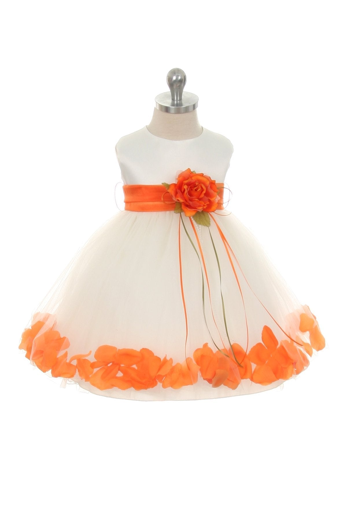 White satin baby dress with organza sash and floral petal details, from Kid's Dream, perfect for special occasions.