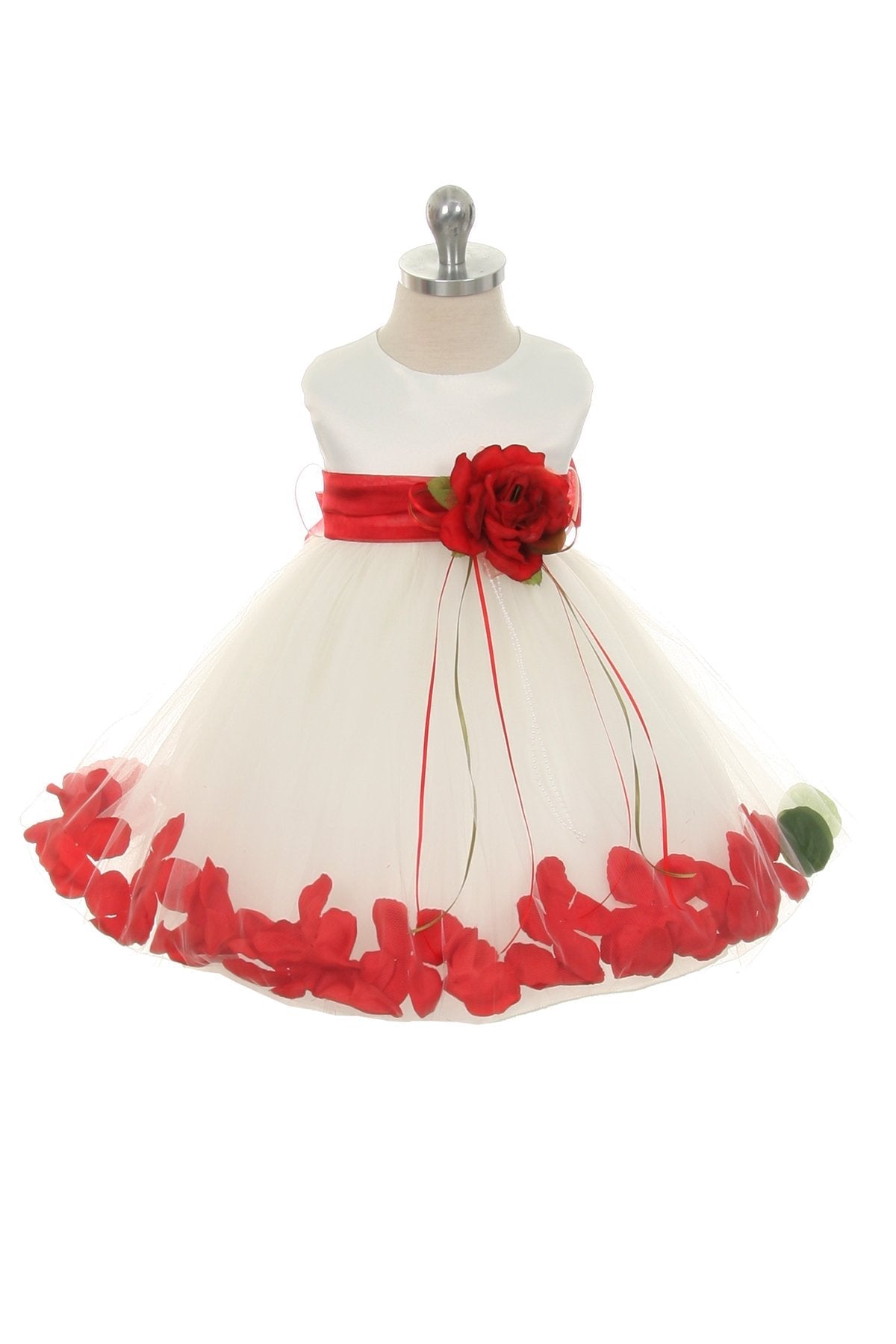 White satin flower petal baby dress with organza sash by Kid's Dream, featuring delicate floral details and elegant design.
