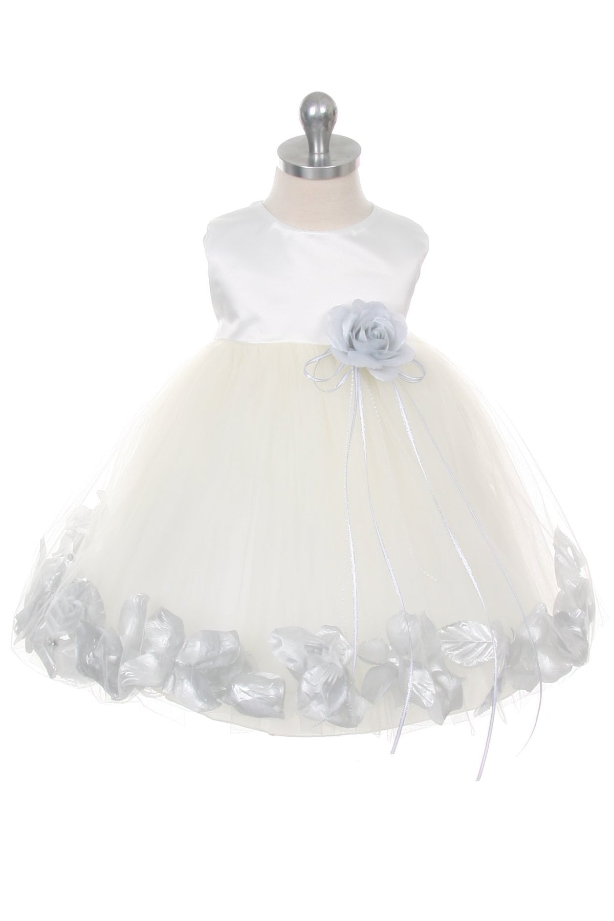 White satin flower petal baby dress with organza sash, Kid's Dream, for special occasions or formal events.