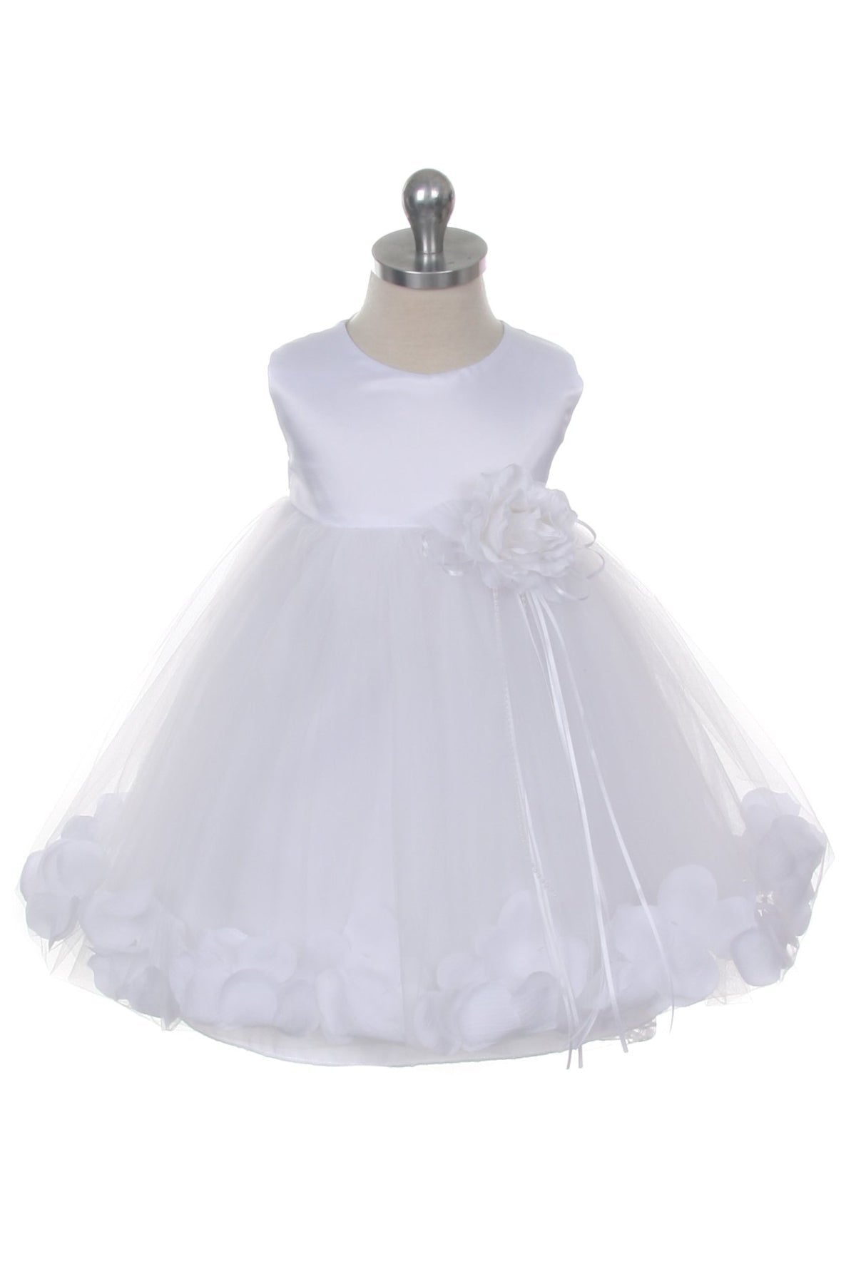 White satin flower petal baby dress with organza sash by Kid's Dream, featuring delicate floral details and elegant design.