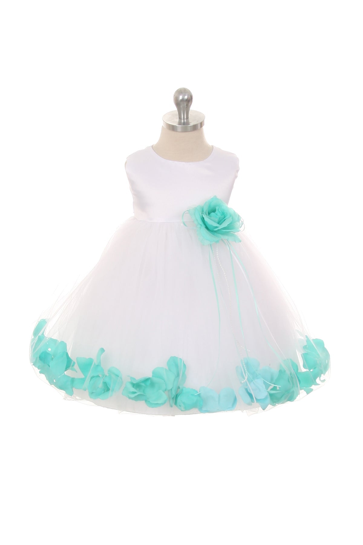 White satin flower petal baby dress with organza sash by Kid's Dream, featuring a delicate design and soft fabric for special occasions.
