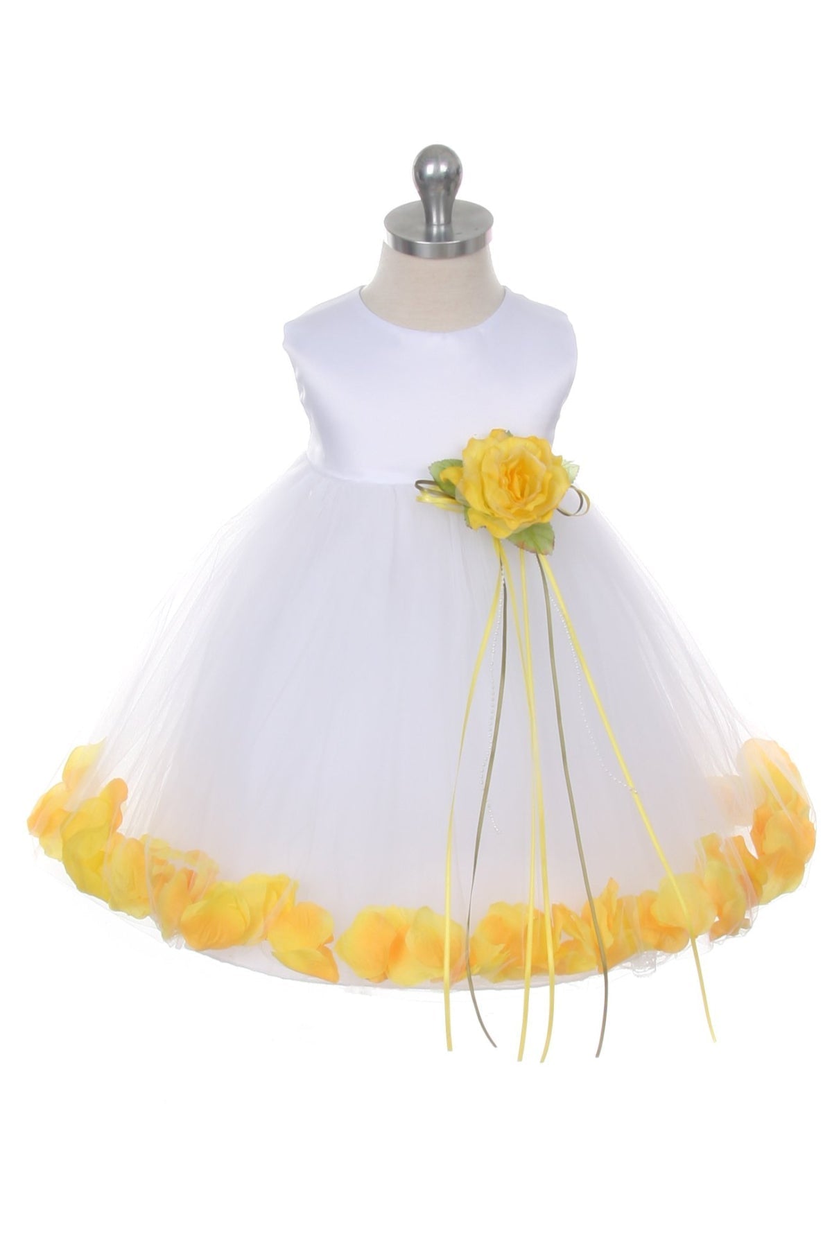 White satin flower petal baby dress with an organza sash from Kid's Dream, featuring delicate floral details and a soft, elegant design.