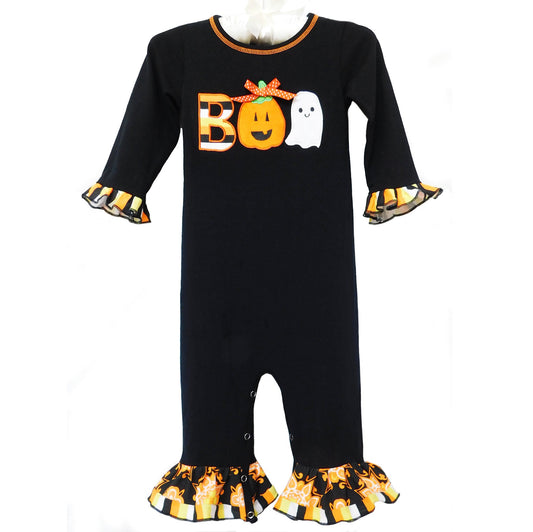 AnnLoren Baby Girls Black & Orange Pumpkin Boo Halloween Autumn Holiday Romper