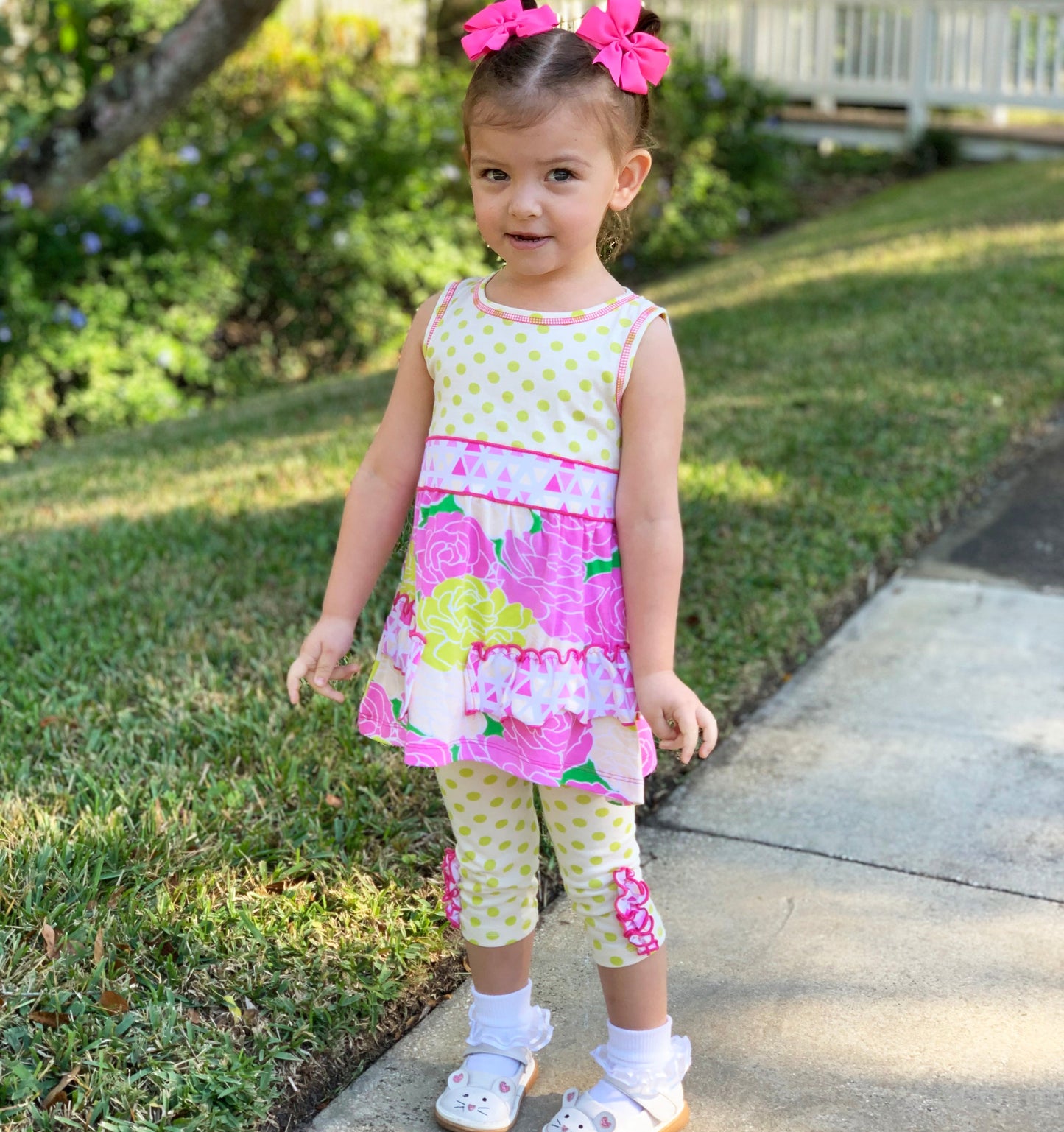 AnnLoren Big Little Girls Toddler Spring Bouquet Floral Dress Polka Dot Leggings Boutique