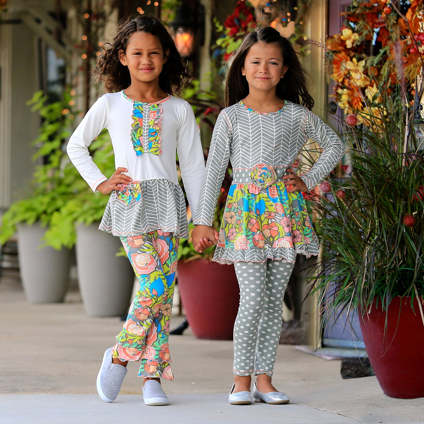 AnnLoren Girls Winter Herringbone Floral Polka Dot Dress & Legging Clothing Outfit Set sz 9/10