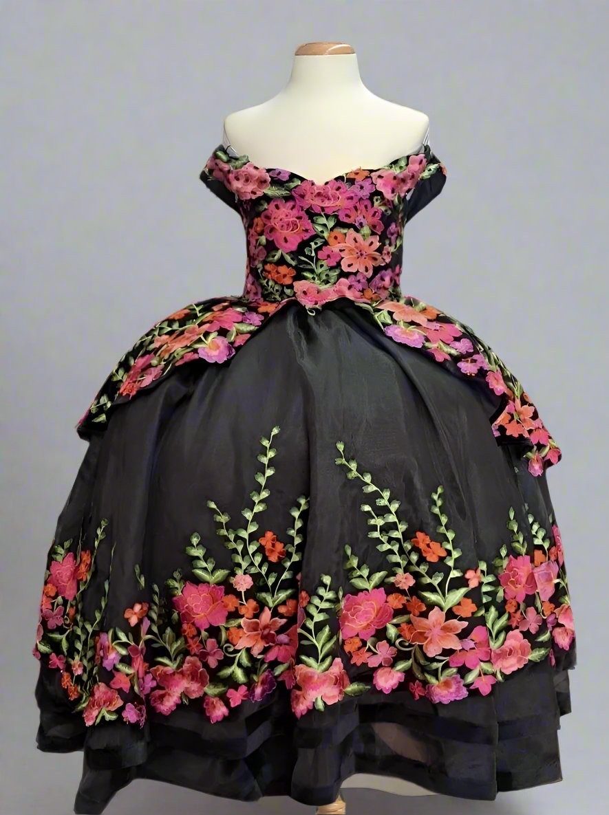 Wide sweeping floor-length ball gown skirt displaying the cascading embroidered botanical patterns of the Calla Collection SCK-316 dress.