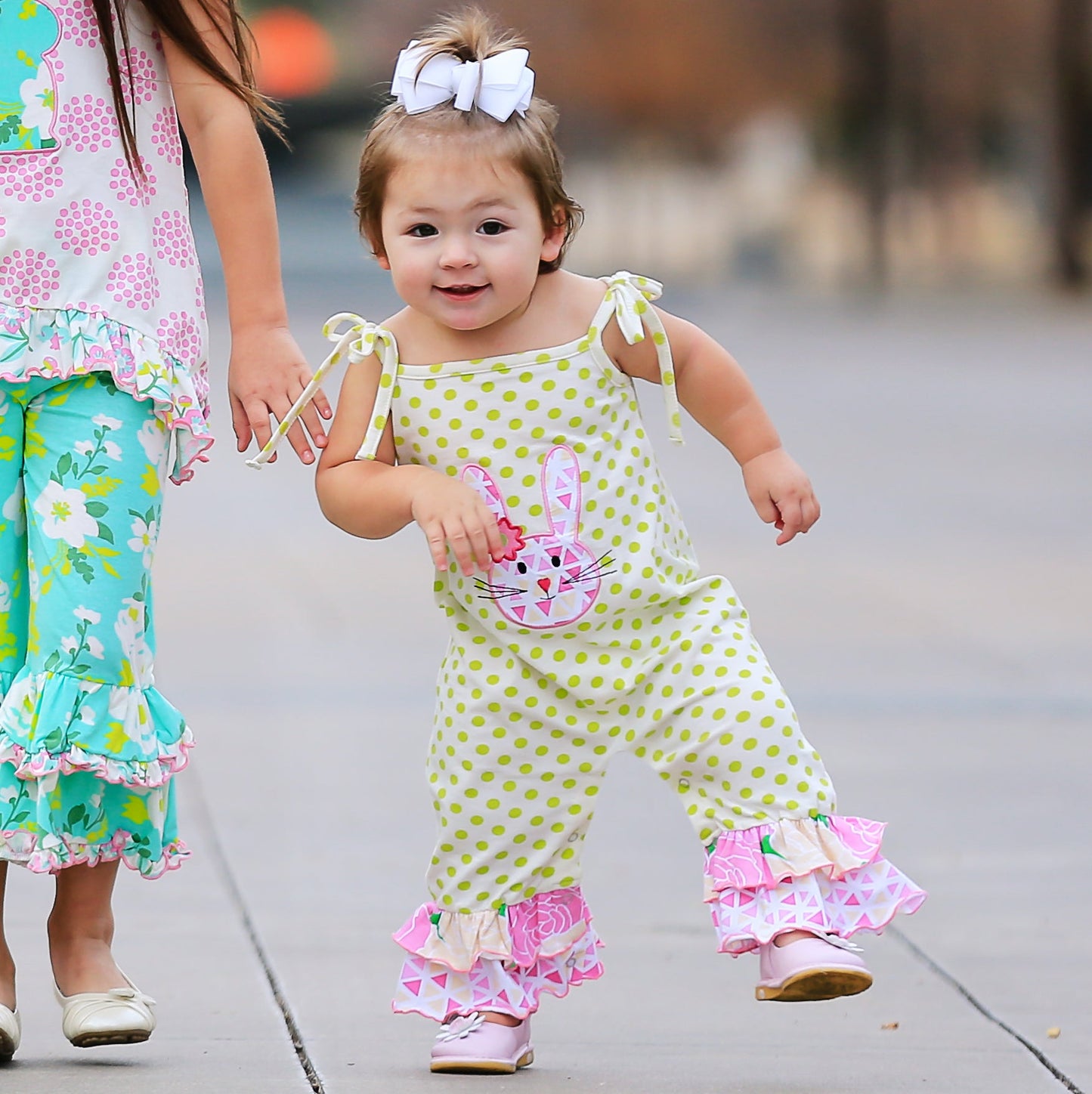 AnnLoren Easter Bunny Baby Girl's Romper Polka Dot Ruffles Holiday Outfit Jumpsuit Playsuit