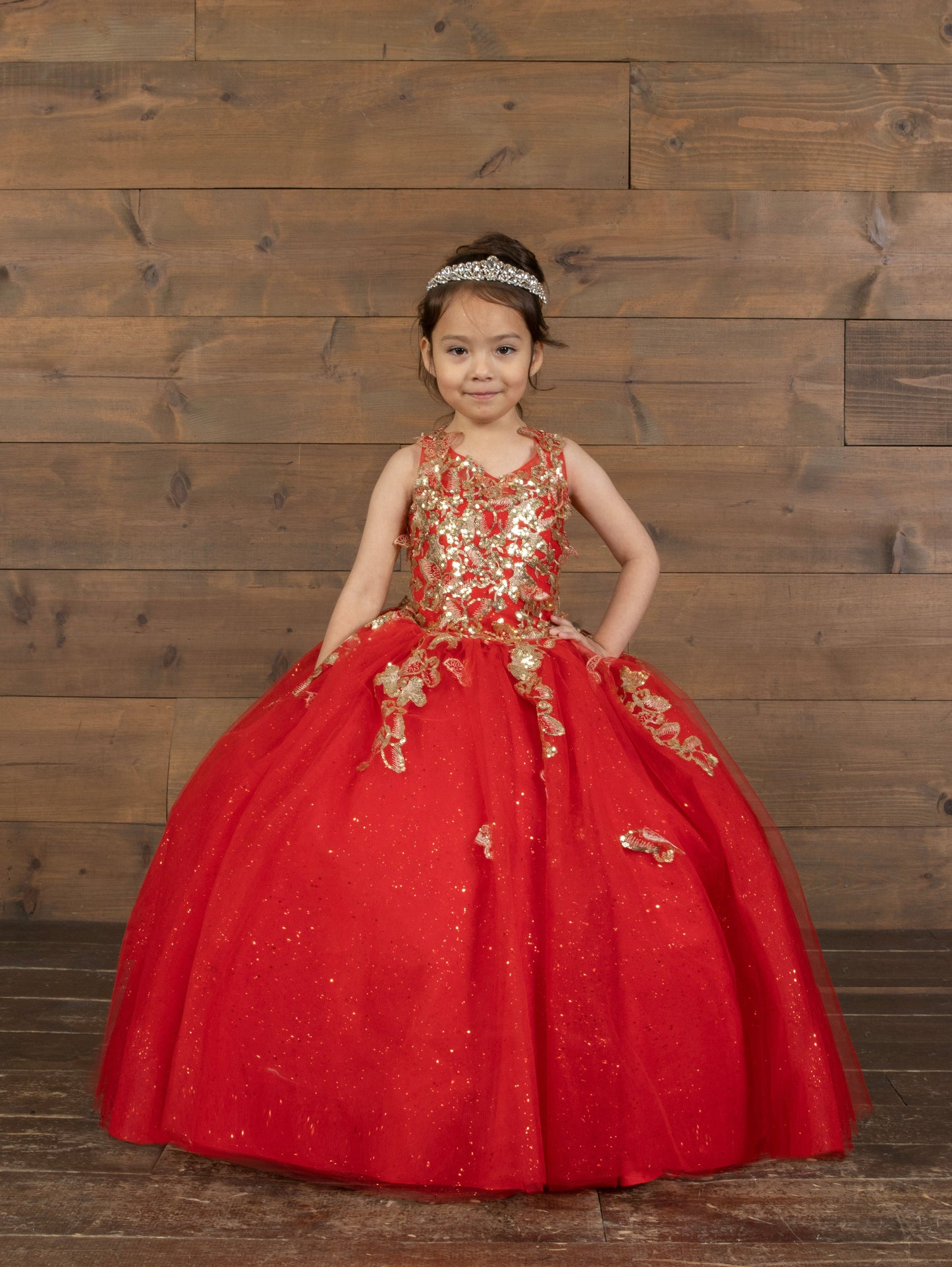 Calla Collection SCK-321 girls special occasion dress showcasing an elegant off-shoulder neckline design and a structured bodice frame.