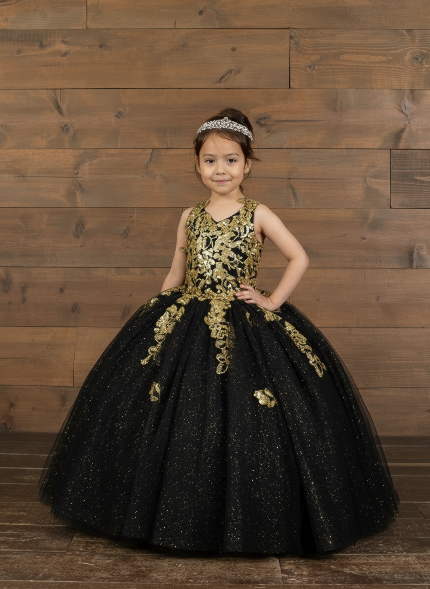 Intricate layout of premium raised 3D floral embellishments decorating the front panel of the Calla Collection SCK-321 shimmering glitter tulle gown.
