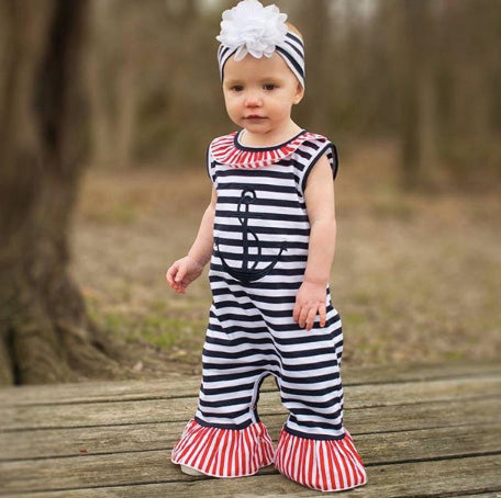 AnnLoren Baby Girls Summer Nautical Anchor Sailor Boutique Romper