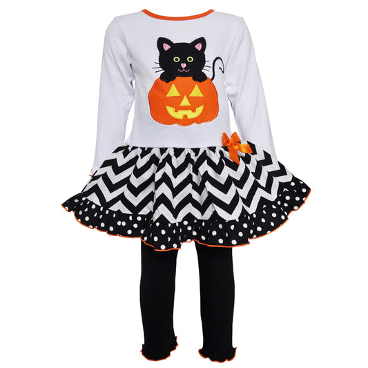 AnnLoren Girls' Halloween Orange Pumpkin and Black Cat Dress & Leggings Outfit