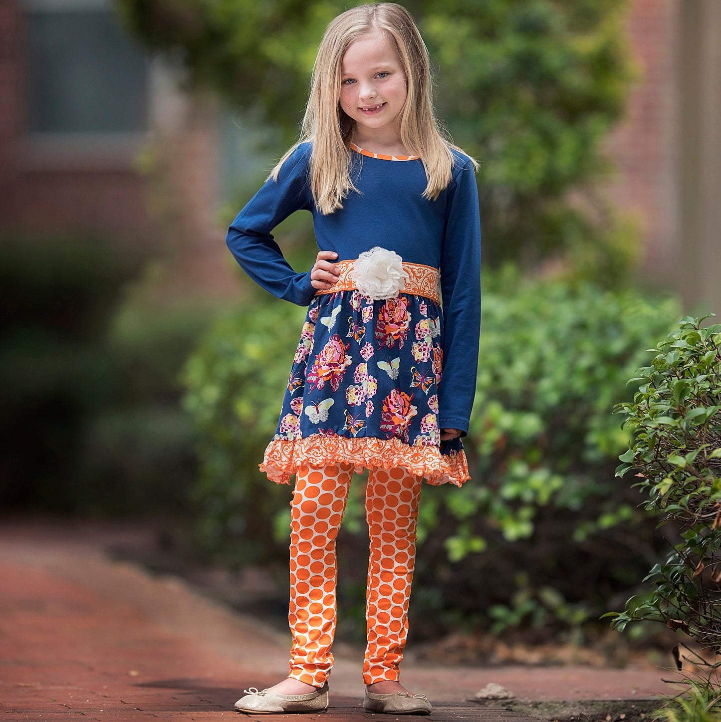 AnnLoren Girls Boutique Blue Butterfly Floral Dress Orange Polka Dot Legging Set sz 2/3T-9/10