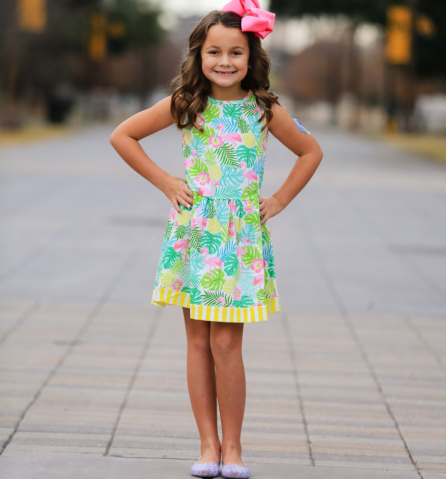 AnnLoren Little Big Girls Pink Flamingo Palm Tree Kids Swing Tropical Dress Spring Summer