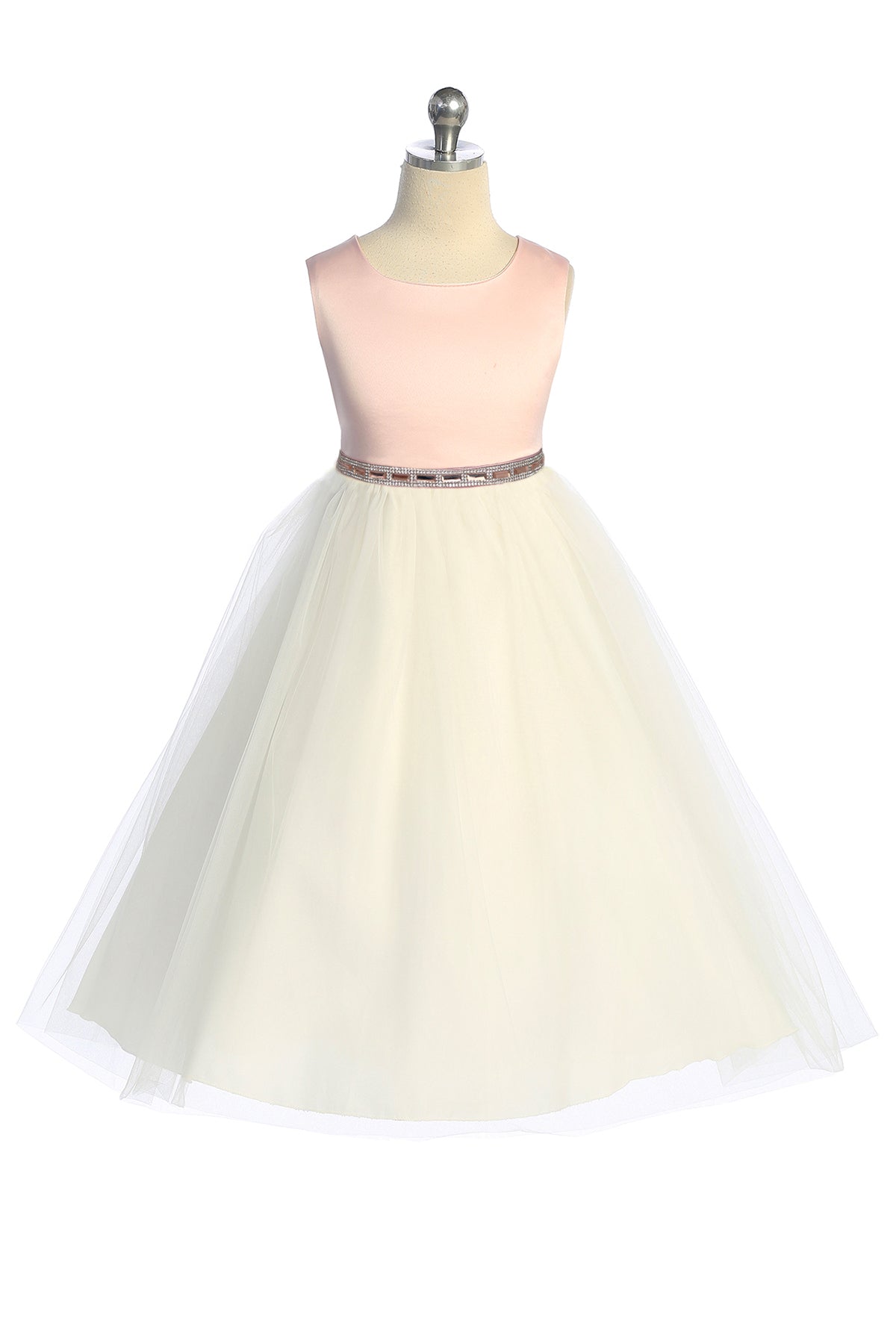 Pink and rose gold rhinestone satin and tulle girls dress by Kid's Dream, featuring elegant floral embellishments and a flowing design.