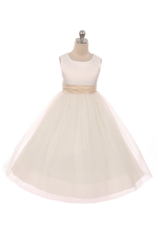 Ivory satin sash and bow on a girls' dress by Kid's Dream, featuring elegant fabric and delicate design.