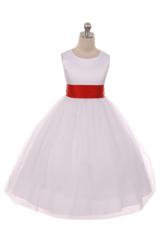White satin sash and bow on a girls' dress by Kid's Dream, with a red background and elegant design details.