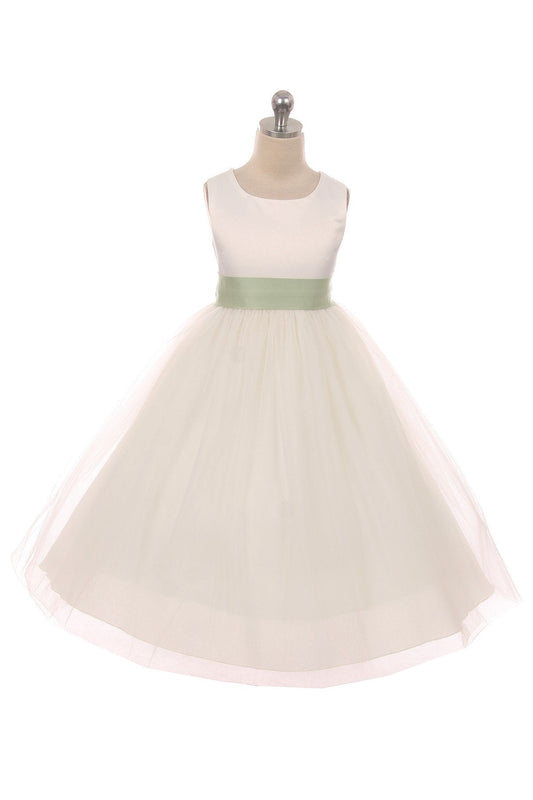 Ivory satin sash and bow on a girls' dress by Kid's Dream, featuring elegant fabric and detailed design.