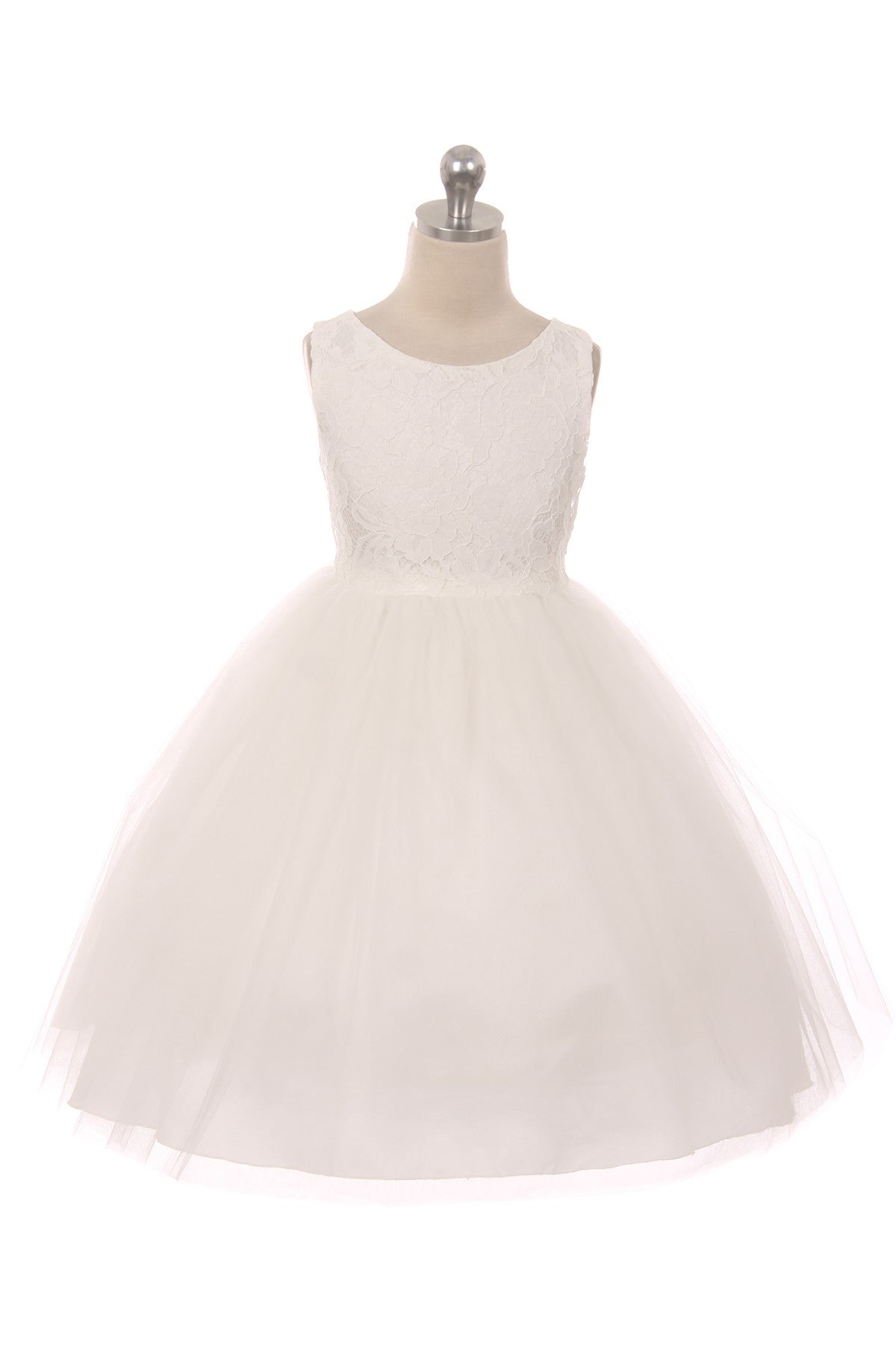 Off-white lace illusion girls' dress by Kid's Dream featuring three decorative mesh flowers on the bodice.