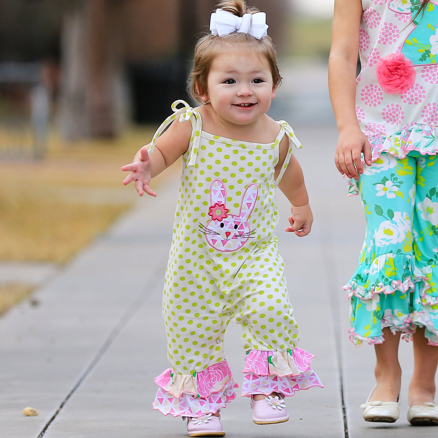 AnnLoren Easter Bunny Baby Girl's Romper Polka Dot Ruffles Holiday Outfit Jumpsuit Playsuit