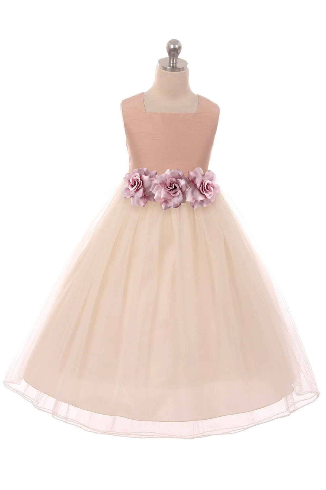 Kid's Dream vintage rose poly silk tulle girls' plus size dress with mauve floral design and elegant tulle fabric.