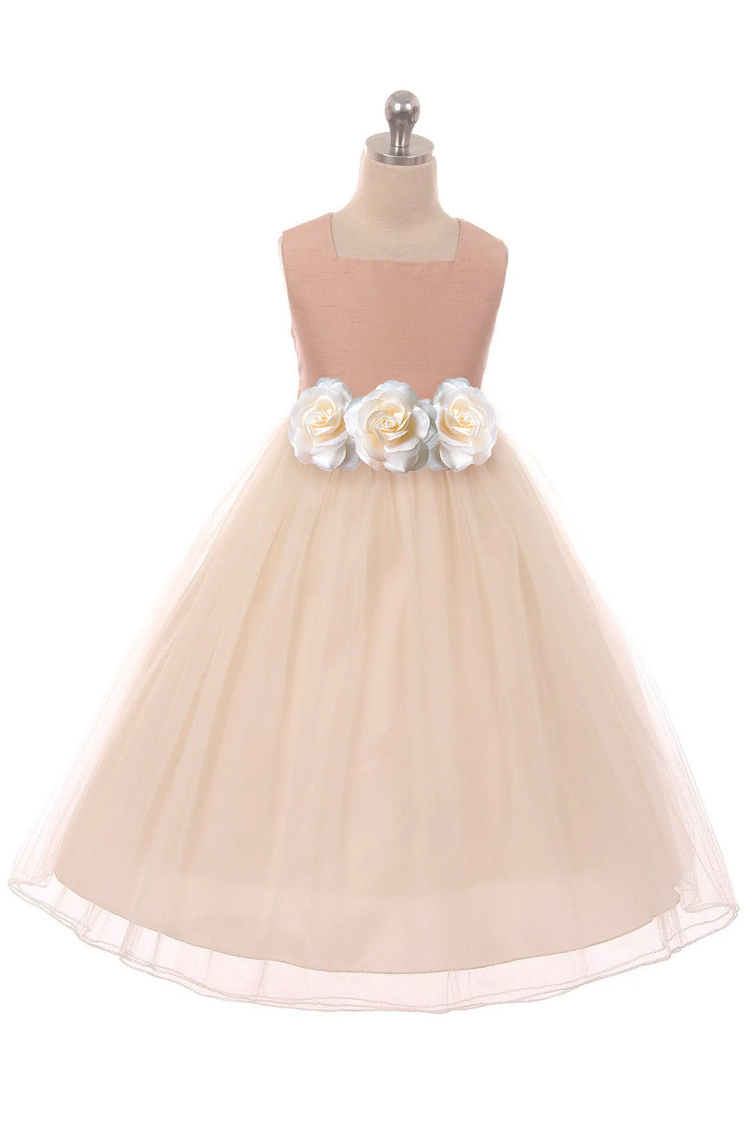Girls' vintage rose poly silk tulle dress by Kid's Dream, plus size with delicate floral details and soft white fabric.