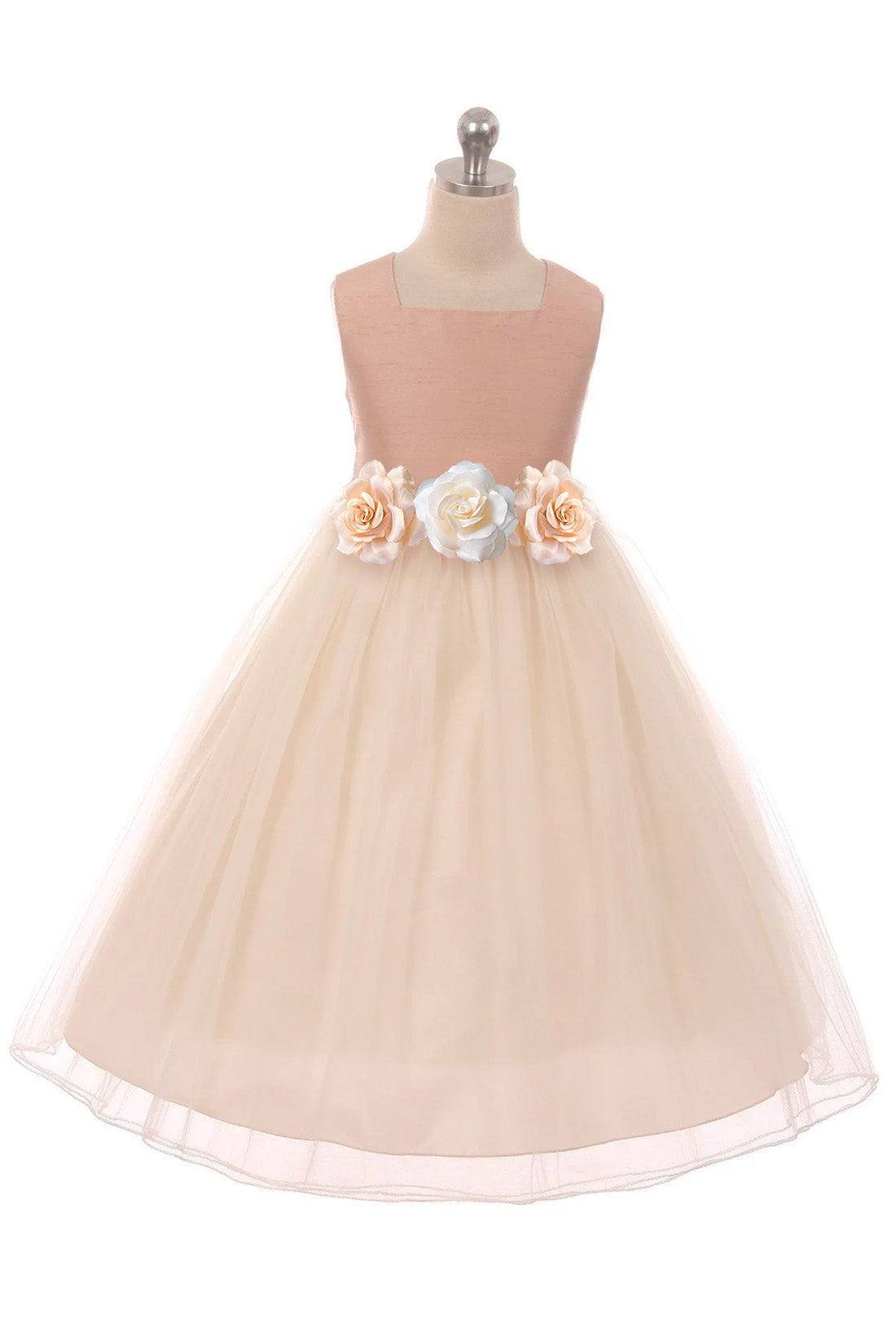 Vintage Rose poly silk tulle girls' plus size dress by Kid's Dream, featuring a champagne white design with floral accents.