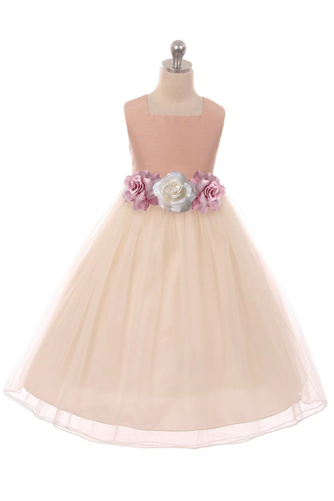 Vintage Rose poly silk tulle dress for girls in plus size by Kid's Dream, featuring mauve and white floral details.