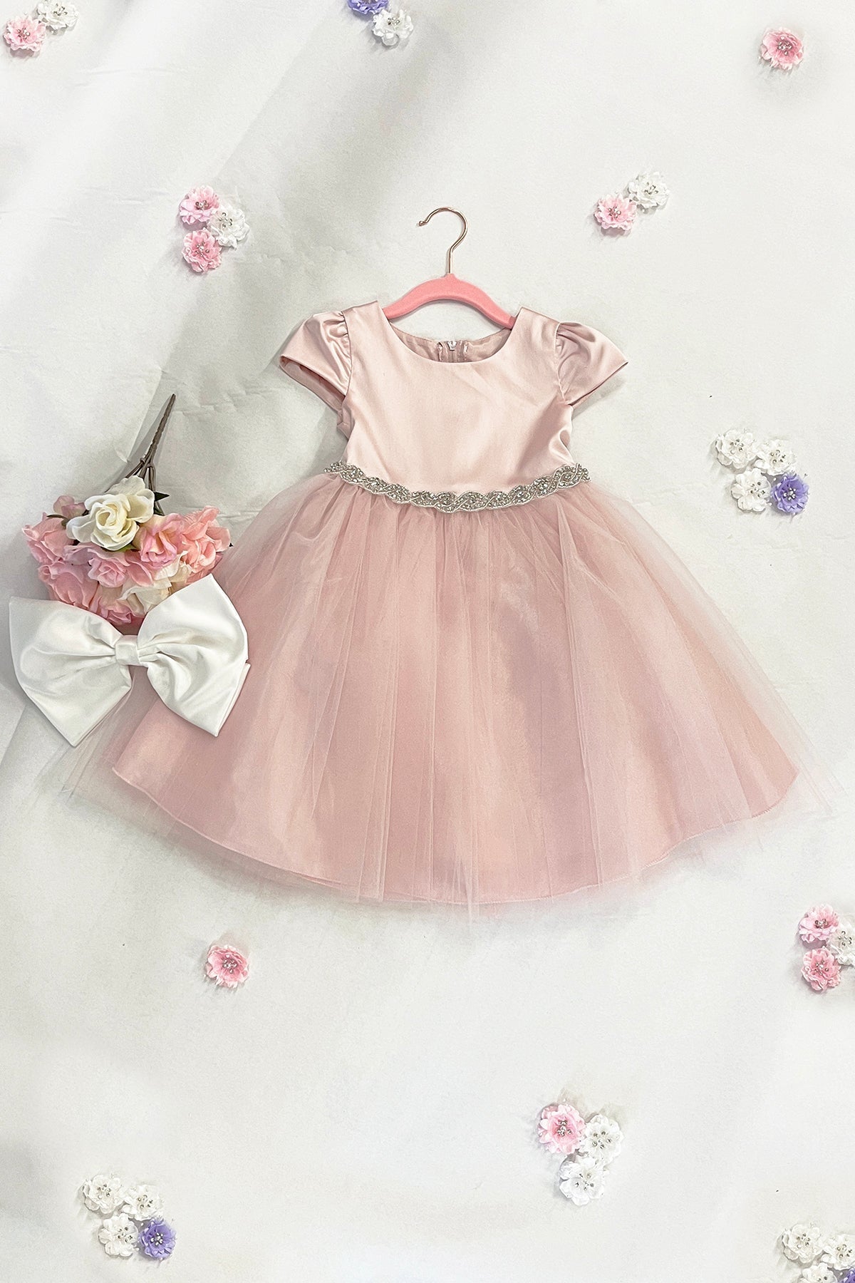 Dress - Capped Sleeve Satin & Tulle Plus Size Dress With Diamond Shaped Rhinestone Trim