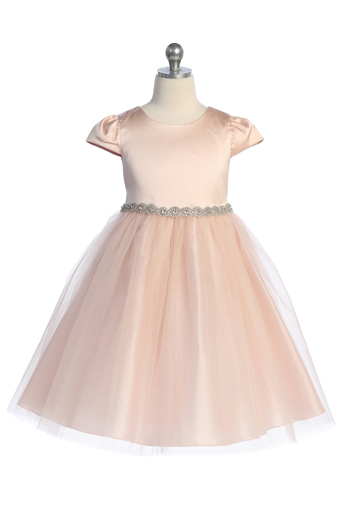 Dress - Capped Sleeve Satin & Tulle Plus Size Dress With Diamond Shaped Rhinestone Trim