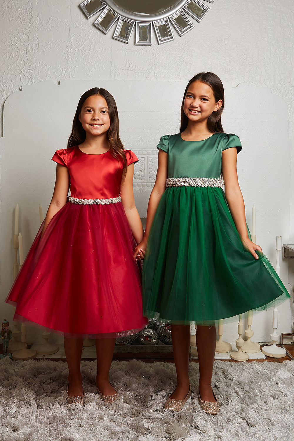 Kid's Dream plus size satin and tulle dress with capped sleeves, braided rhinestone trim in red and hunter green colors.