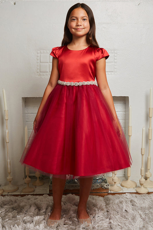 Red satin and tulle girls' dress with capped sleeves, braided rhinestone trim, by Kid's Dream, shown with elegant detailing.