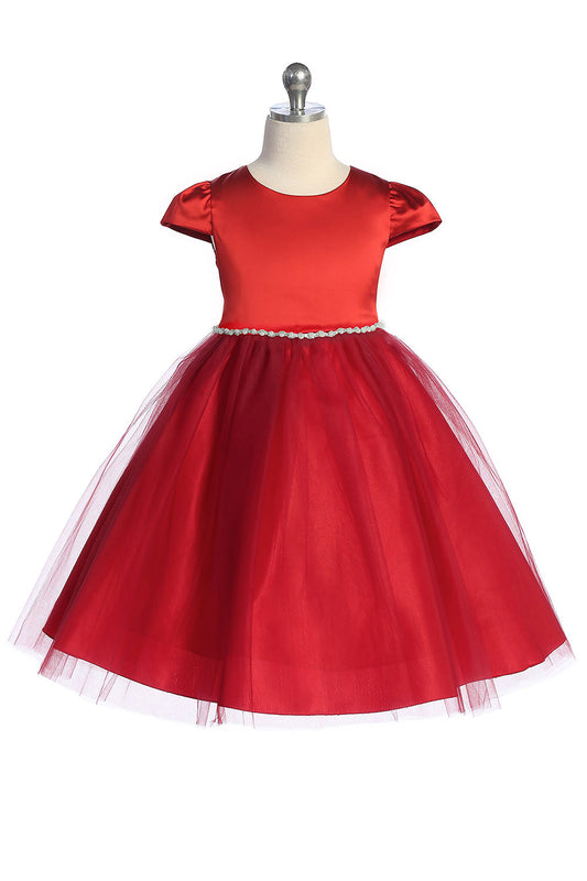 Red satin and tulle girls' dress by Kid's Dream with cap sleeves, wavy rhinestone and pearl trim, elegant and charming design.