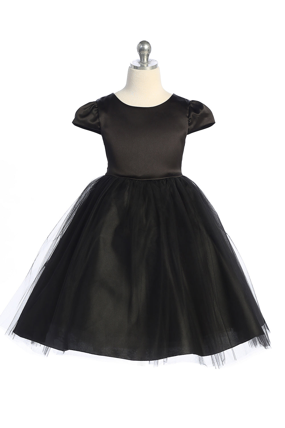 Black satin and tulle girls' dress with capped sleeves by Kid's Dream, featuring a elegant layered design and delicate detailing.