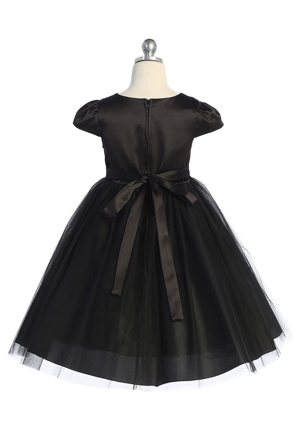 Black satin and tulle girls' dress with capped sleeves by Kid's Dream, featuring a charming and elegant design.