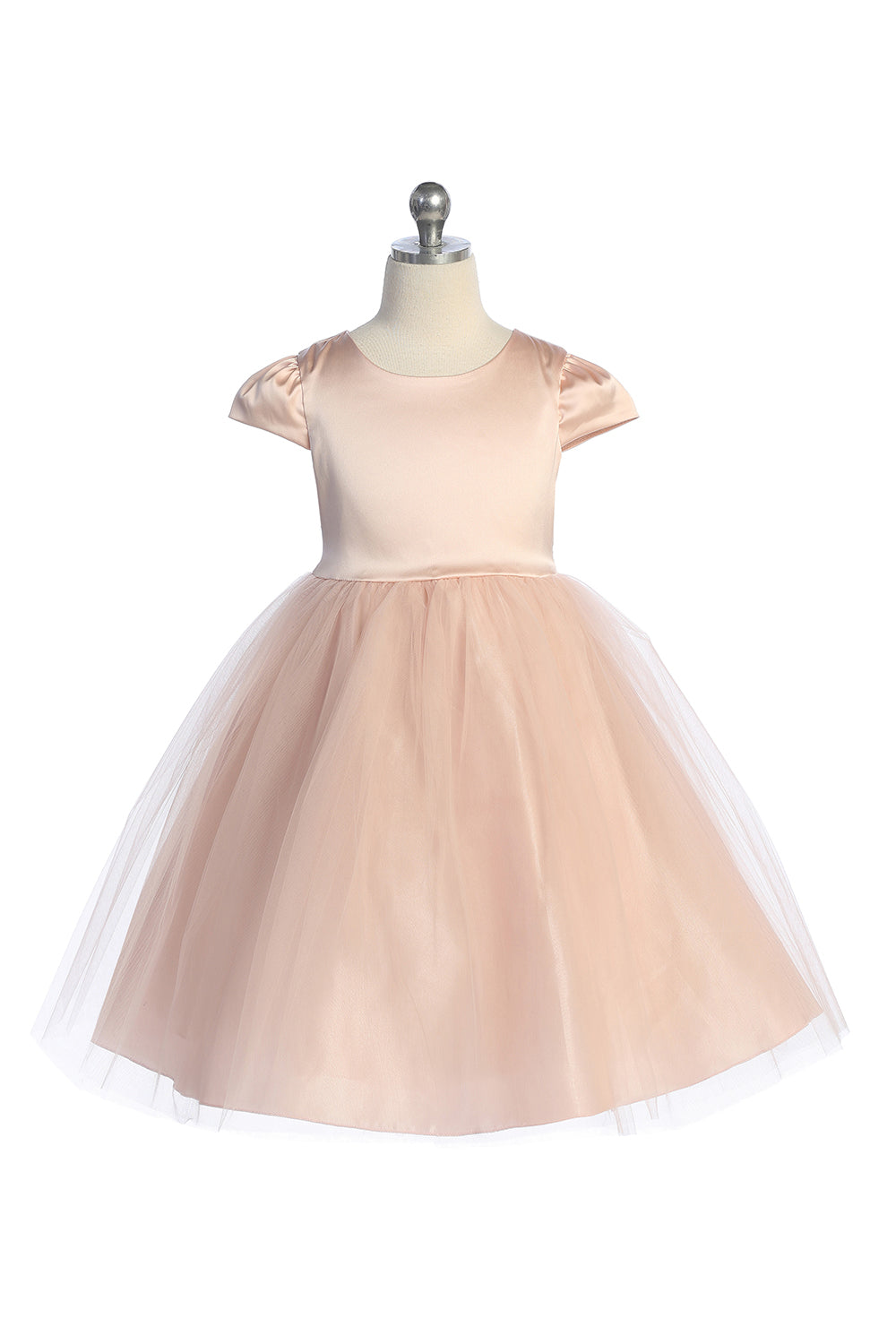 Kid's Dream blush satin and tulle girls' dress with capped sleeves, perfect for special occasions.