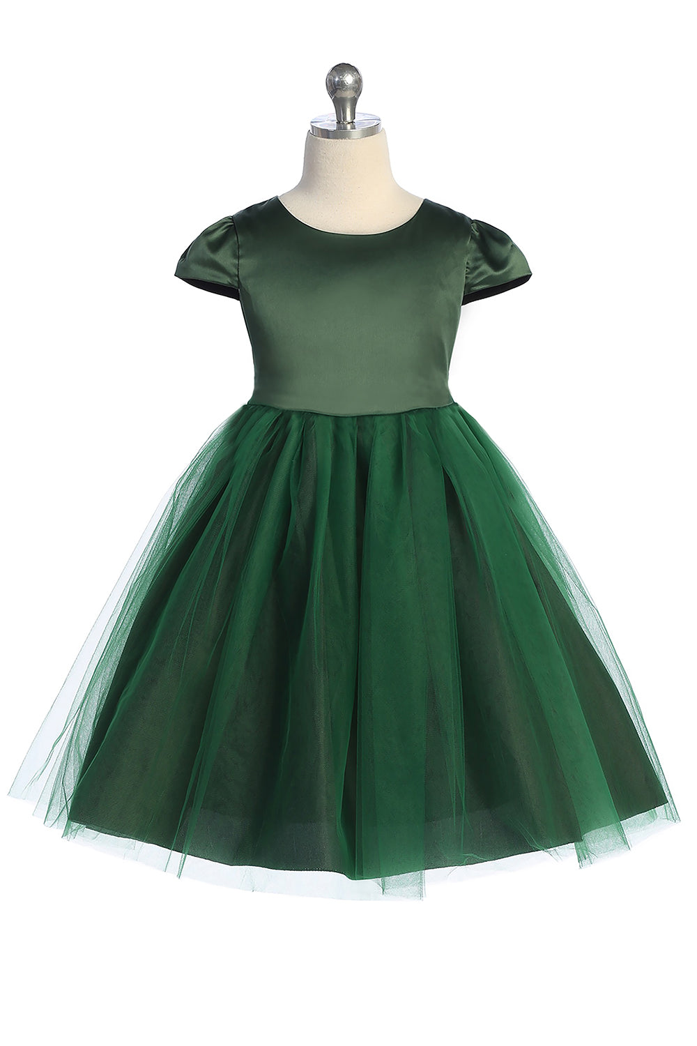 Green satin and tulle girls' dress with capped sleeves by Kid's Dream, featuring a delicate, elegant design suitable for special occasions.