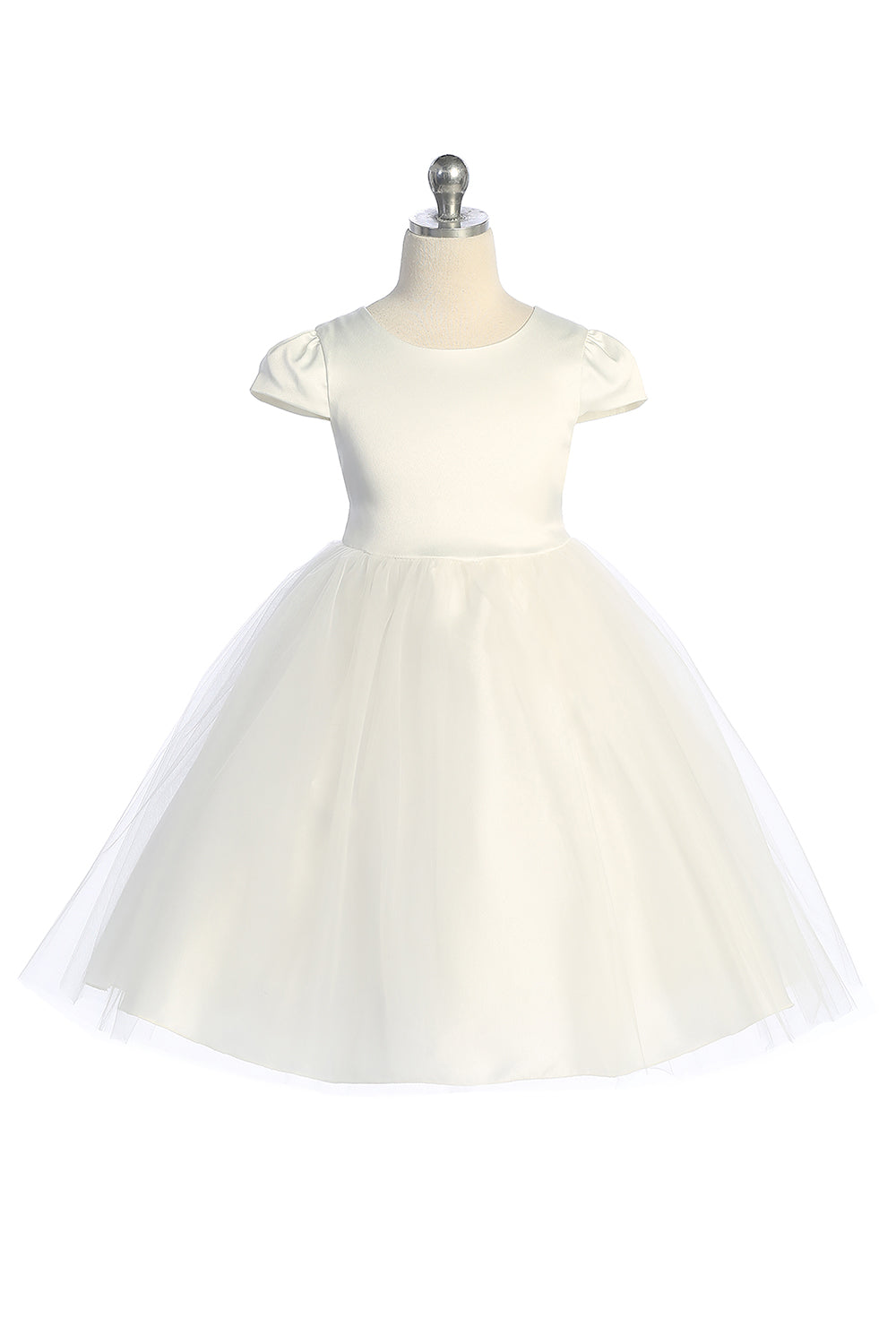 Ivory capped sleeve satin and tulle girls dress by Kid's Dream, featuring elegant fabric details and a classic design.