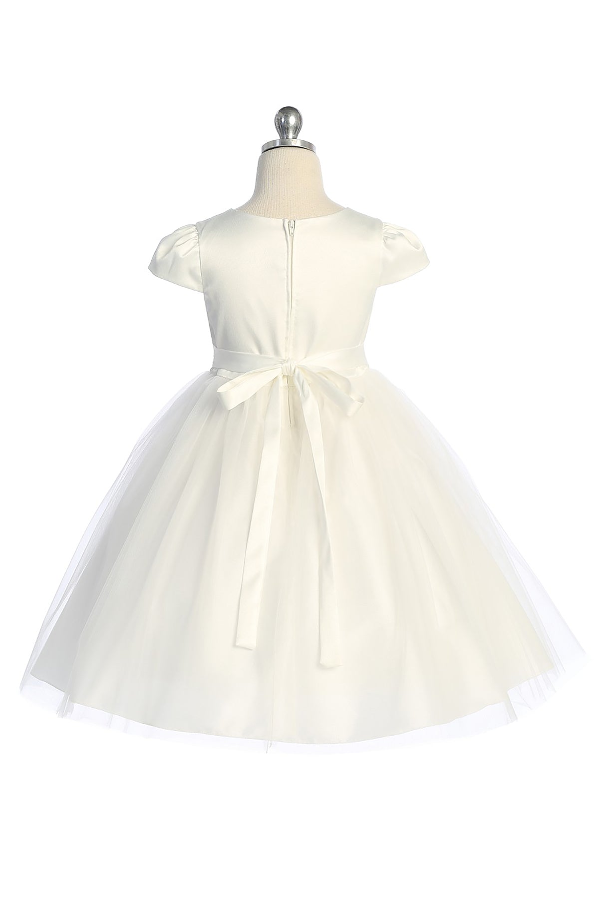 Ivory girls' satin and tulle dress with capped sleeves by Kid's Dream, featuring a elegant and charming design for special occasions.