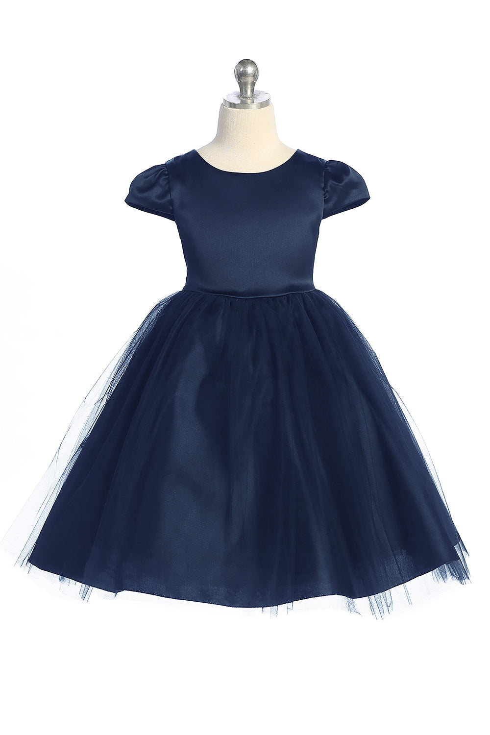 Navy satin and tulle girls' dress with capped sleeves by Kid's Dream, featuring elegant fabric and delicate design.