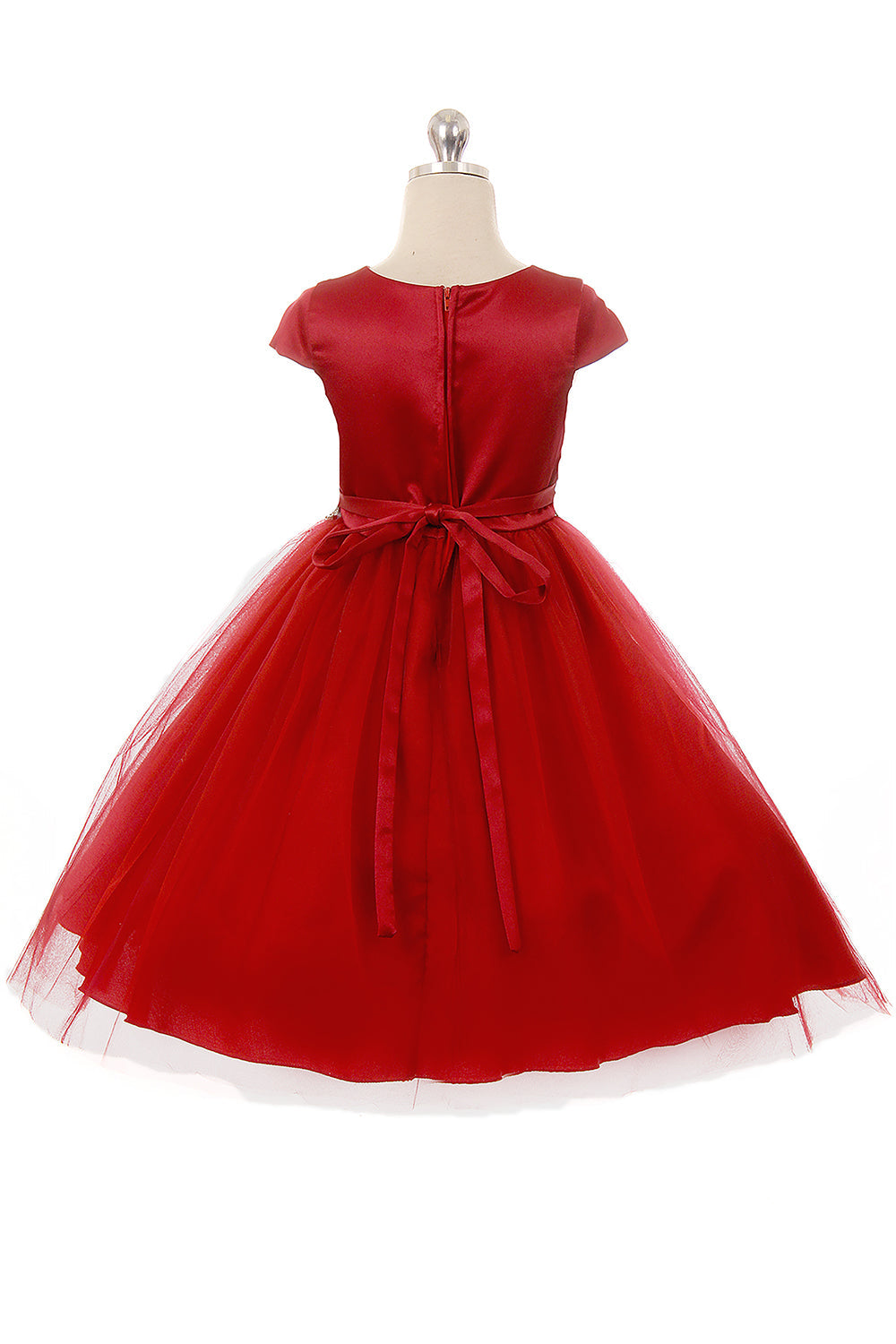 Red satin and tulle girls' dress with capped sleeves from Kid's Dream, featuring elegant fabric and a classic design.