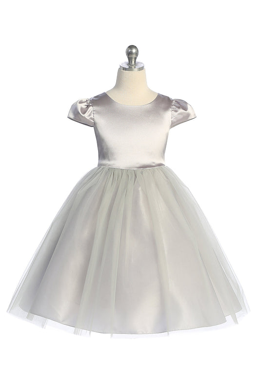 Kid's Dream silver girls' plus size dress with capped satin sleeves and tulle skirt, perfect for special occasions.